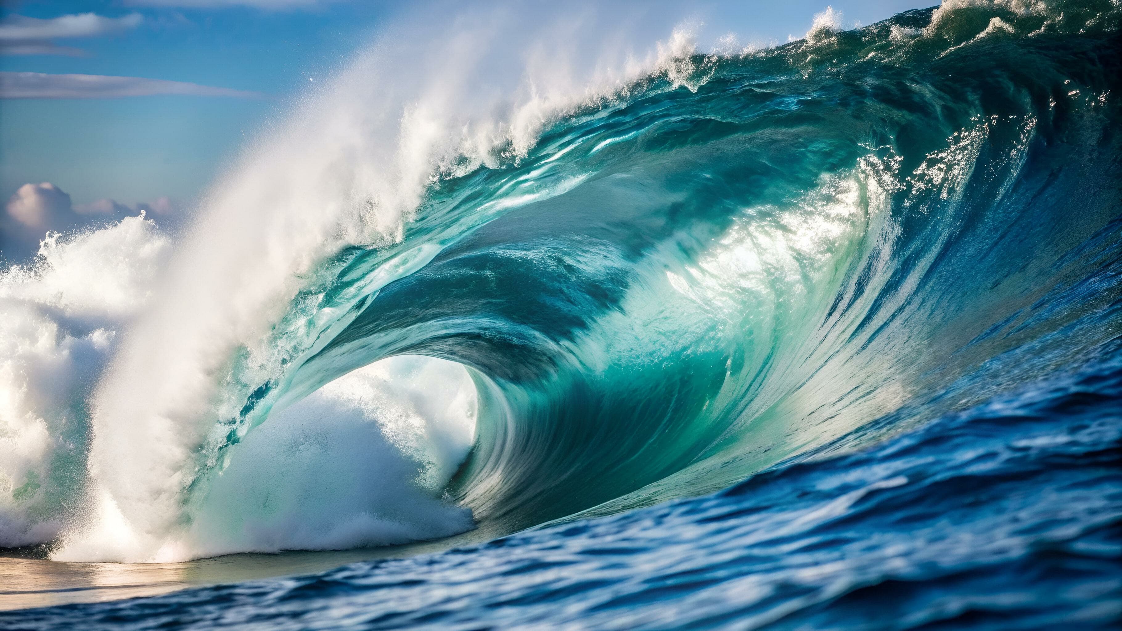 A powerful turquoise wave curling across the ocean