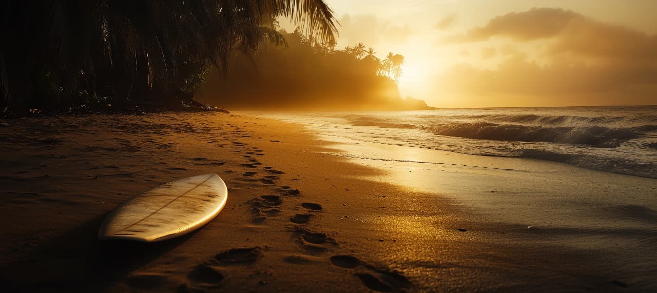 A surfboard on the shore beneath palms at sunset